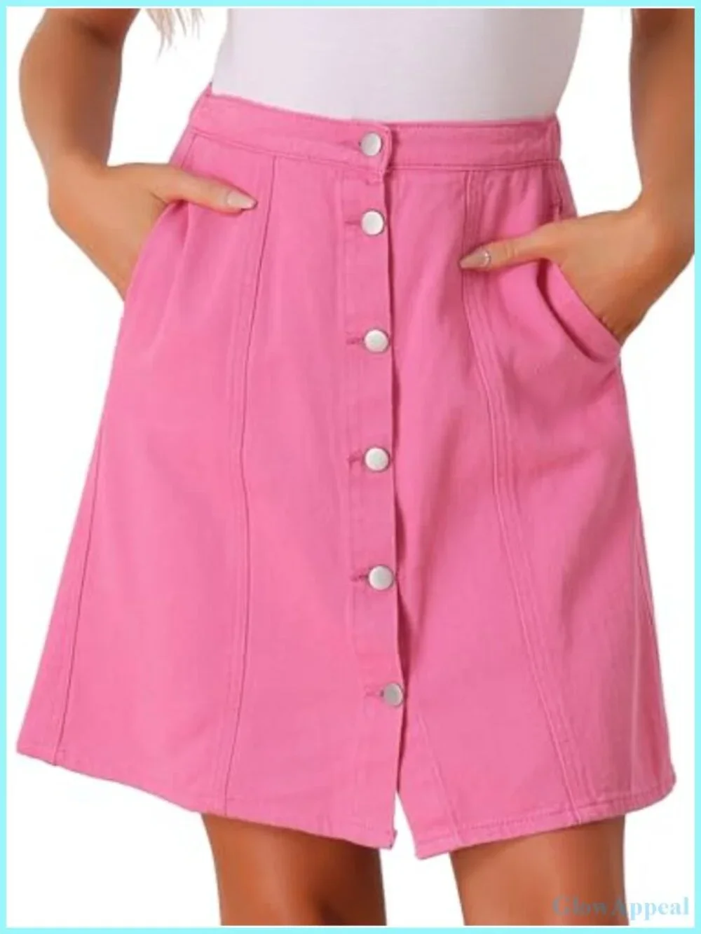 High Waist A-Line Denim Skirt with Button Front, Knee Length Casual Cotton